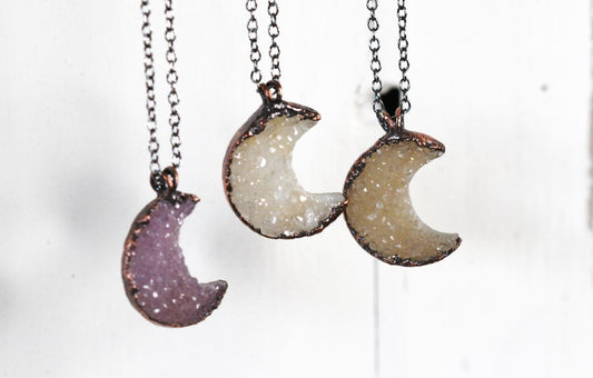Half Moon Necklace - Drusy Crescent Moon Pendant - Half Moon Jewelry