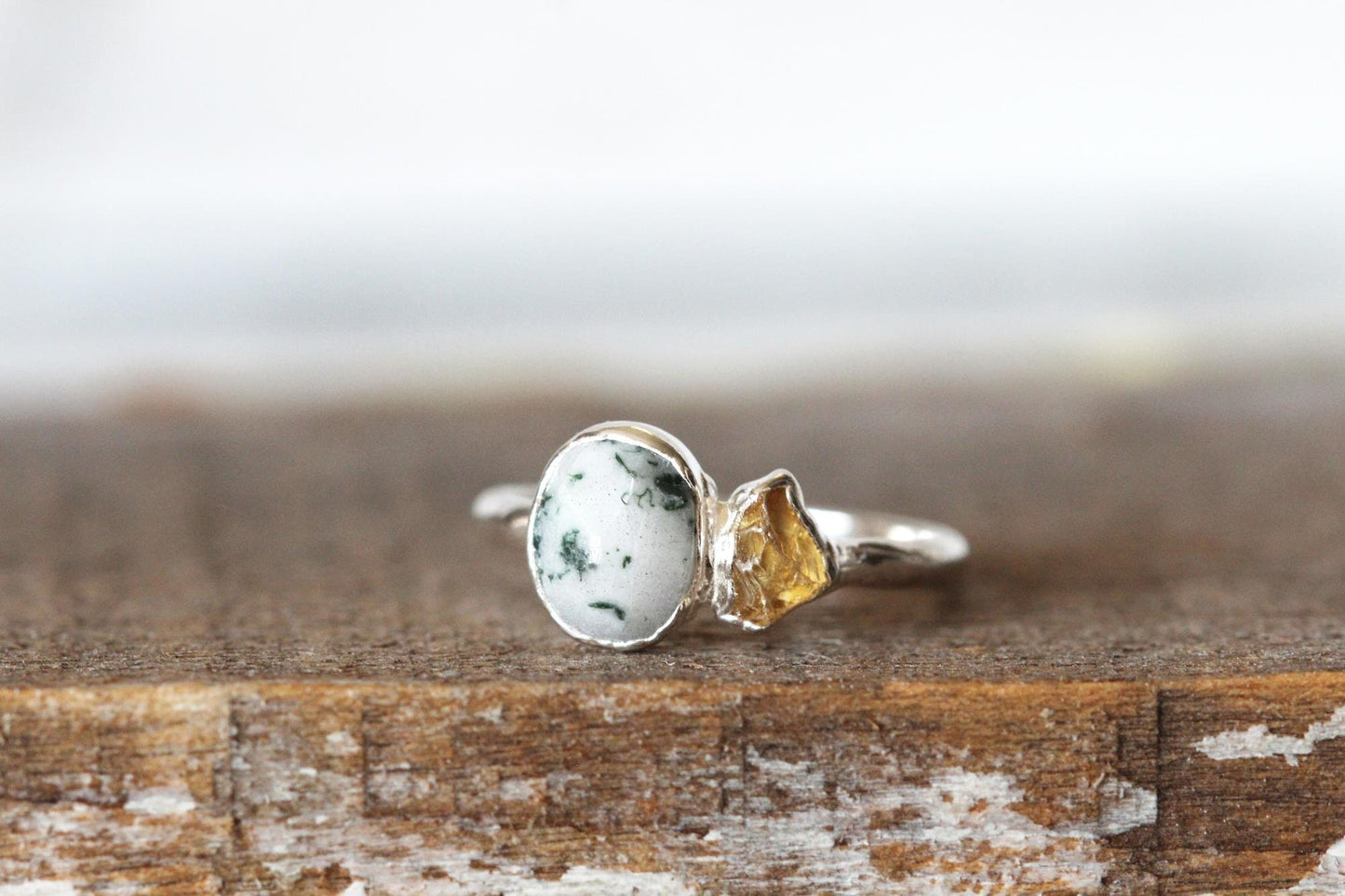 Moss Agate Ring - Double Stone - Raw Citrine