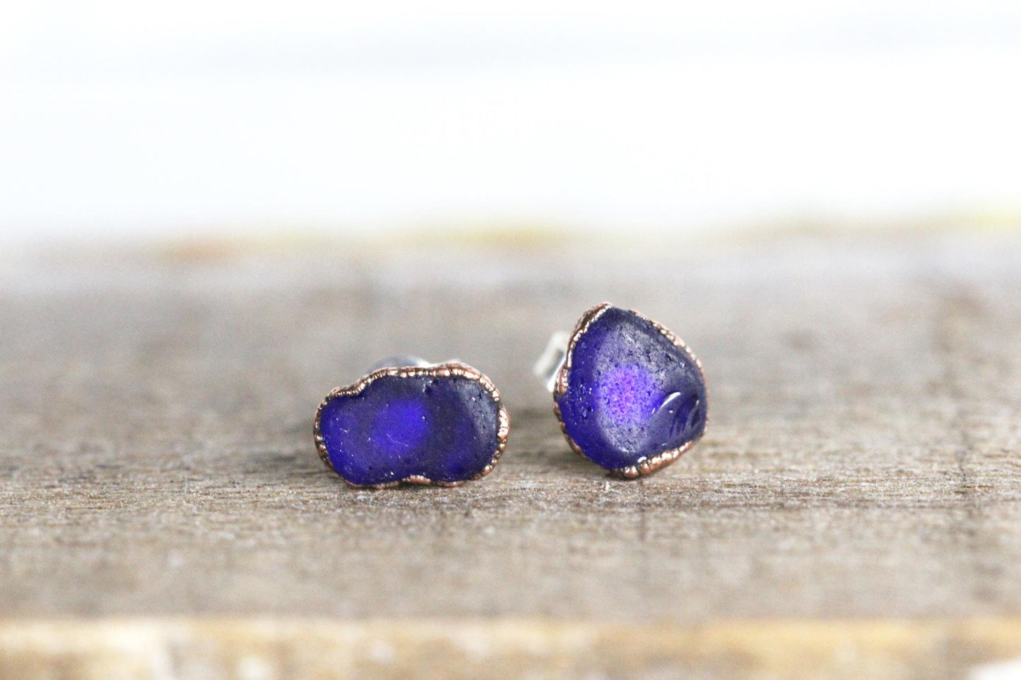 Sea Glass Earrings - Post Earrings - Sapphire Blue Beach Glass - Sterling Silver Stud Earrings