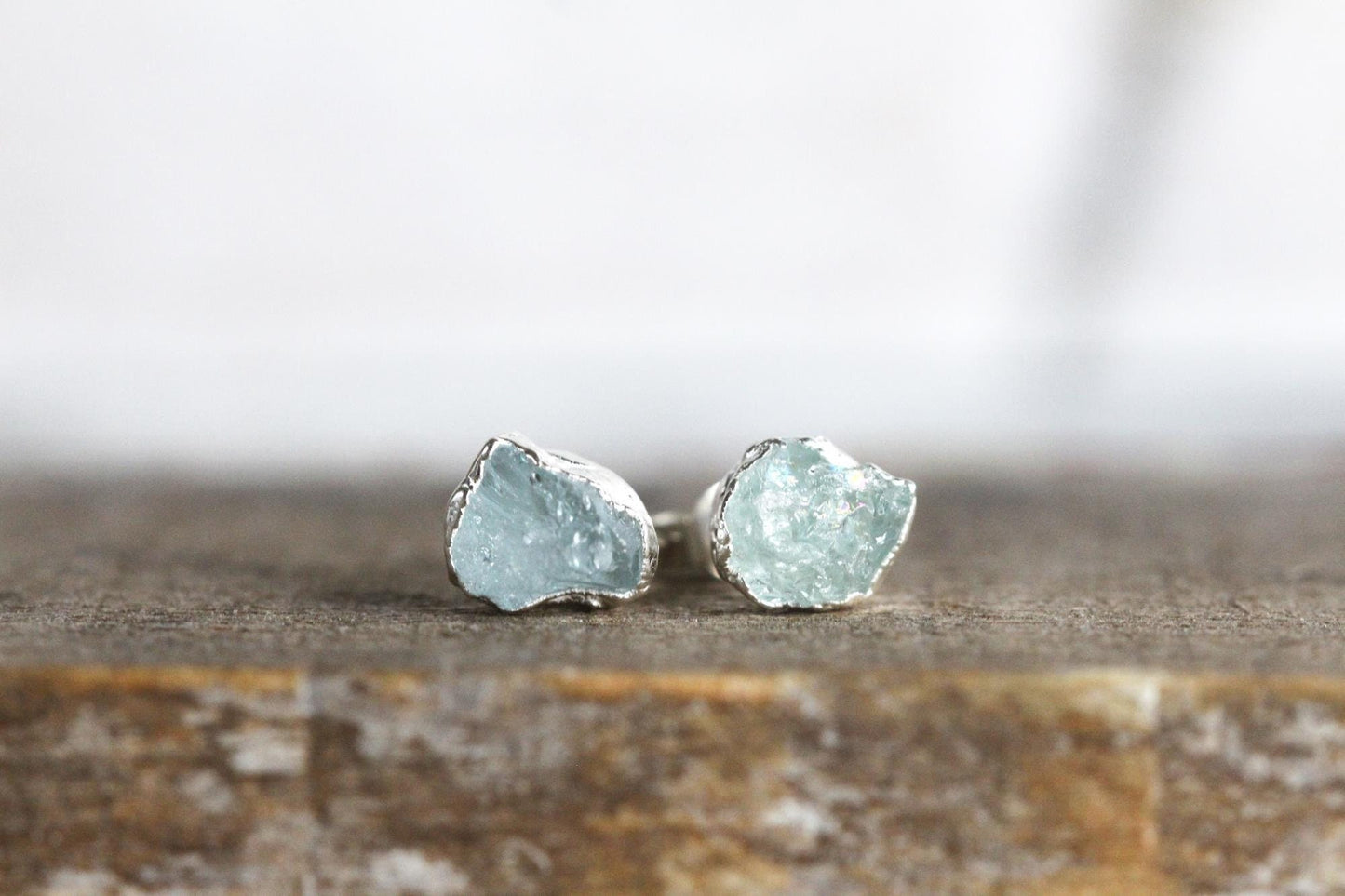 Aquamarine Post Earrings - Raw Crystal Earrings - Crystal Stud Earrings - March Birthstone Jewelry