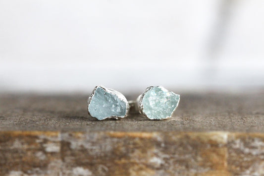 Aquamarine Post Earrings - Raw Crystal Earrings - Crystal Stud Earrings - March Birthstone Jewelry
