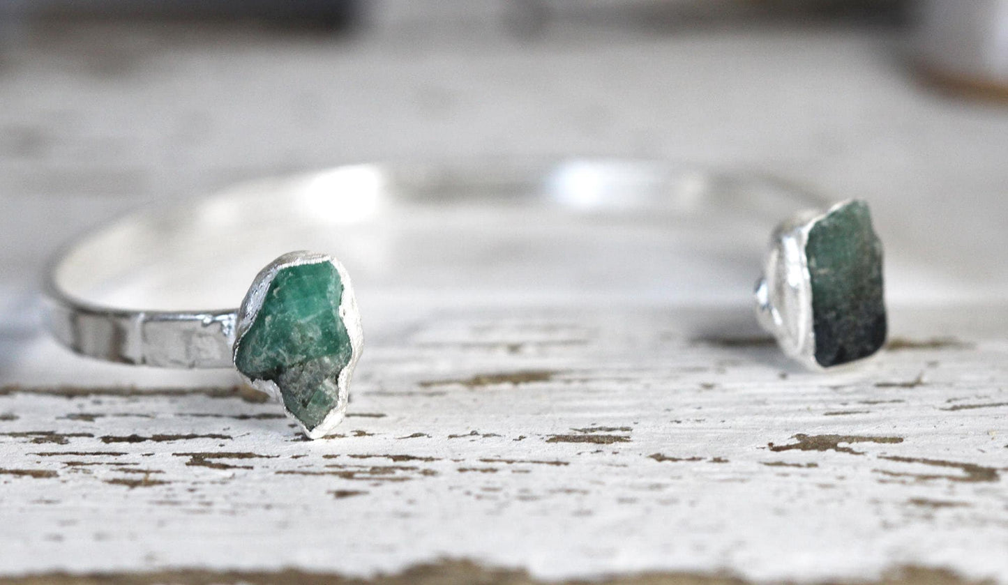 Raw Emerald Bracelet - May Birthstone - Open Copper Cuff - Raw Crystal Bracelet - Double Stone Bracelet