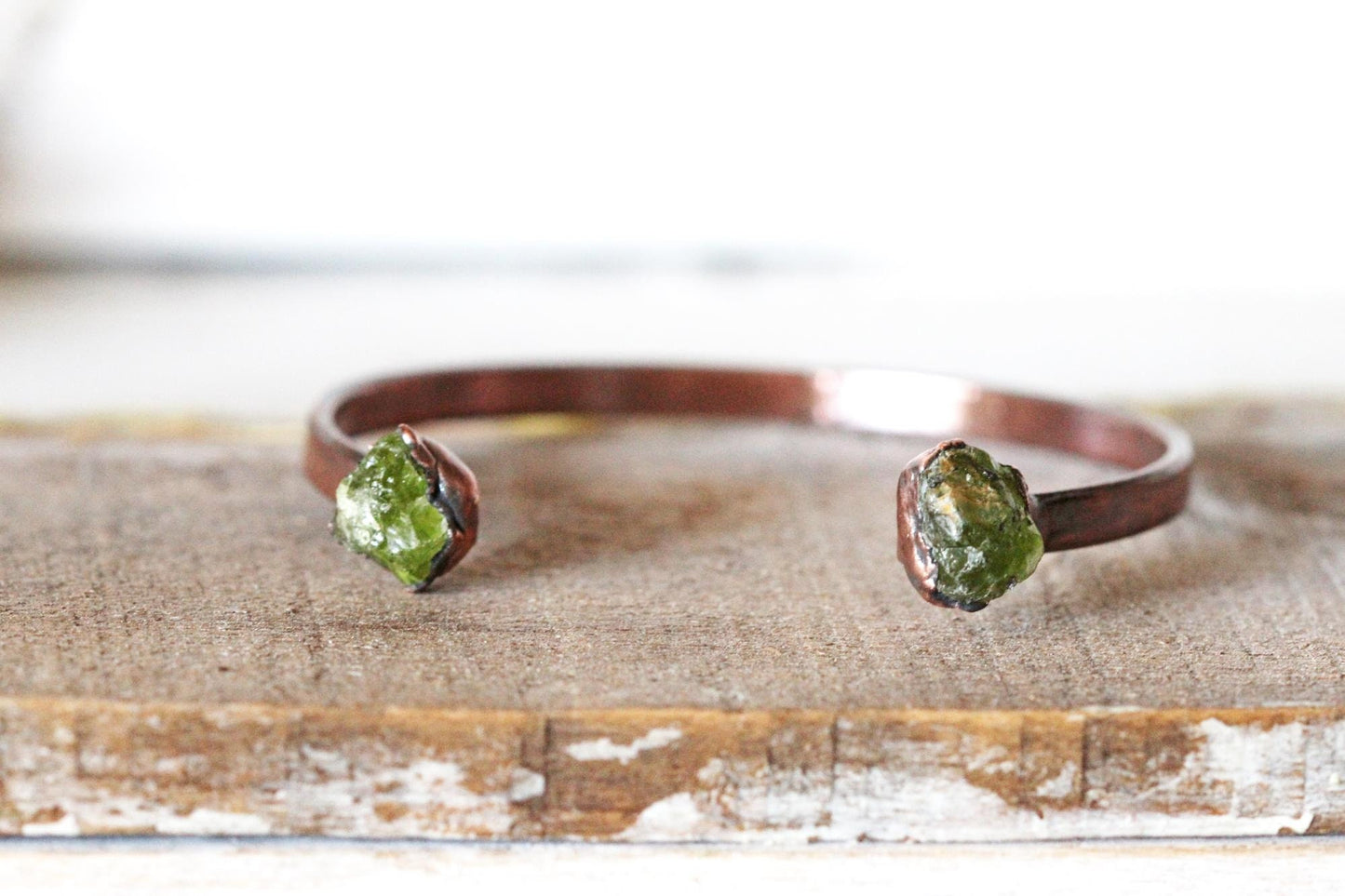 Raw Peridot Bracelet - August Birthstone - Open Copper Cuff - Raw Crystal Bracelet - Double Stone Bracelet