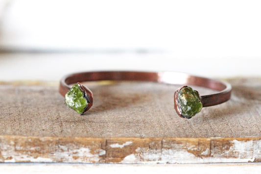 Raw Peridot Bracelet - August Birthstone - Open Copper Cuff - Raw Crystal Bracelet - Double Stone Bracelet