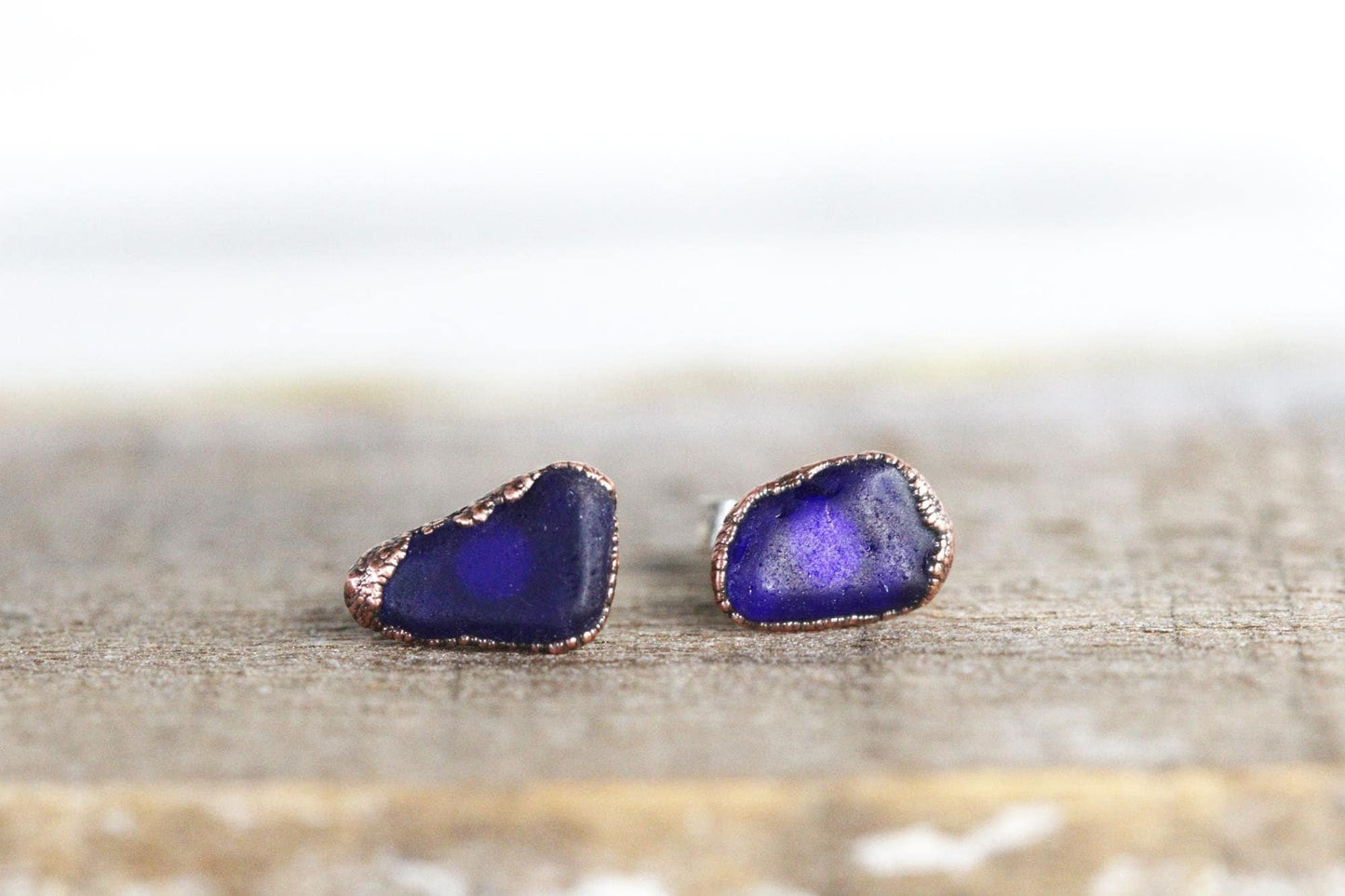 Sea Glass Earrings - Post Earrings - Sapphire Blue Beach Glass - Sterling Silver Stud Earrings