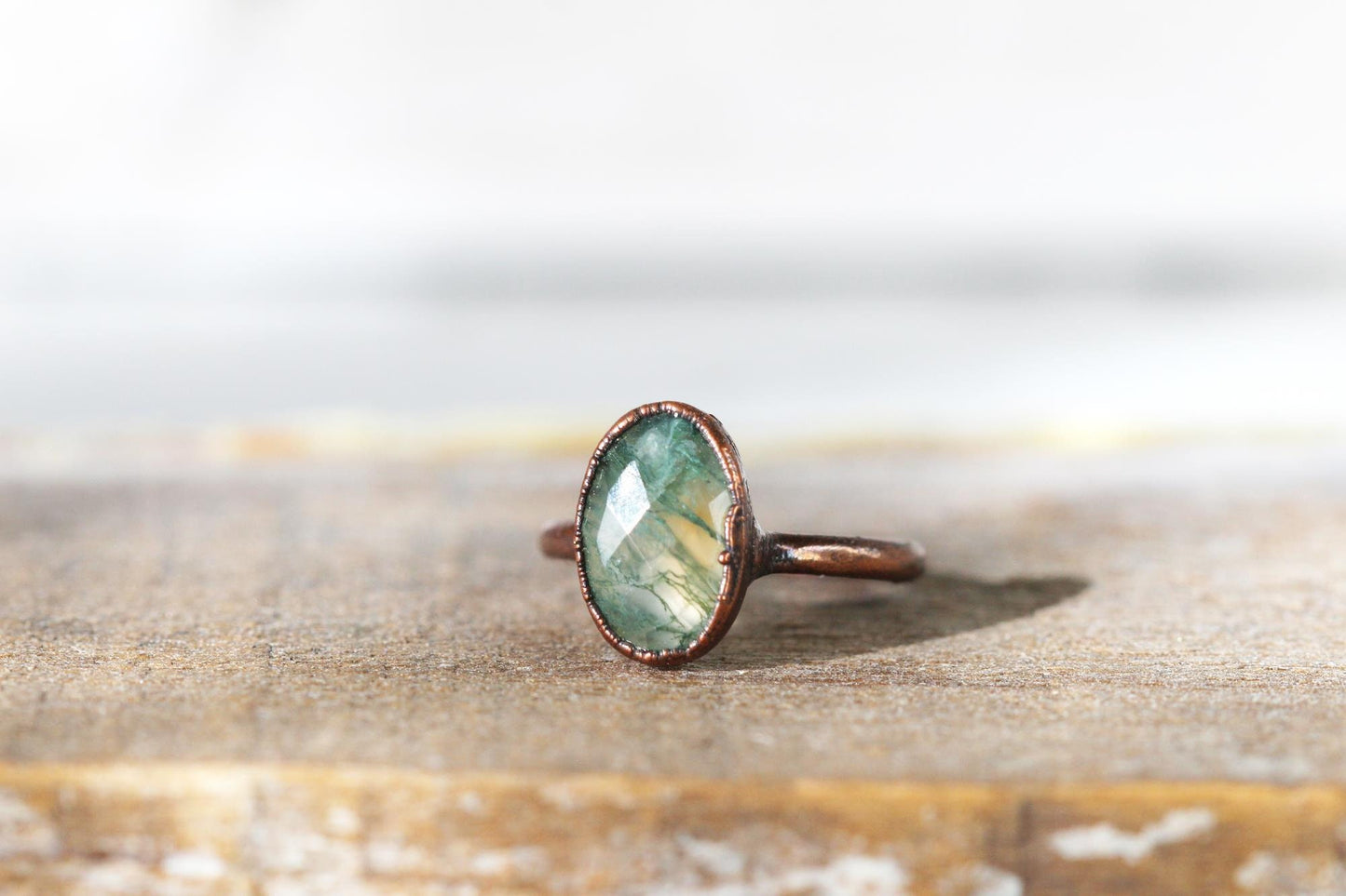 Moss Agate Ring - Faceted Oval Stone - Electroformed Jewelry