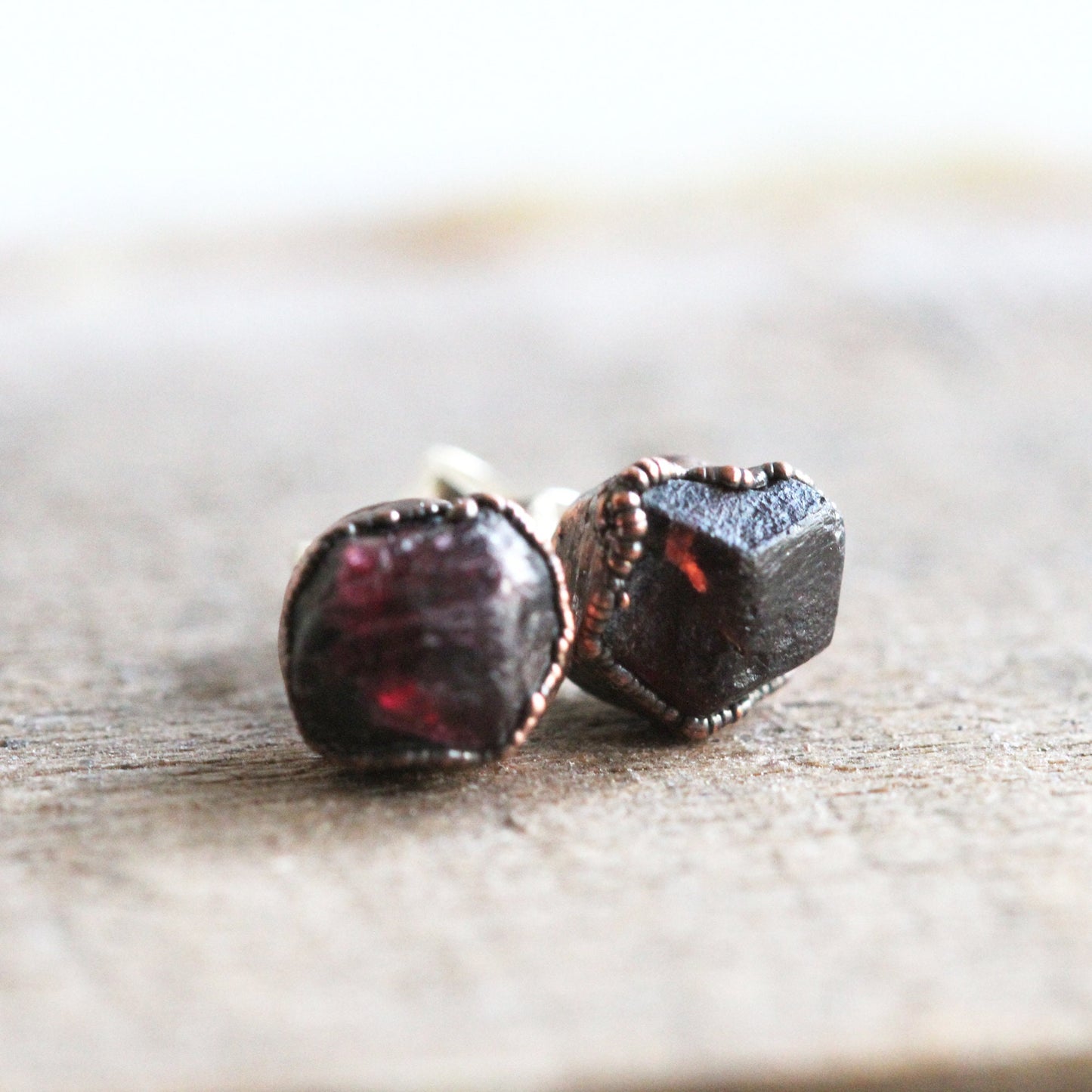 Raw Garnet Earrings - Raw Stone Posts - Sterling Silver Stud Earrings - January Birthstone