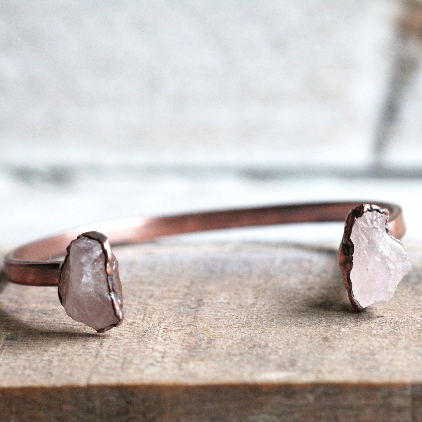 Rose Quartz Bracelet - Open Copper Cuff - Raw Crystal Bracelet - Double Stone Bracelet
