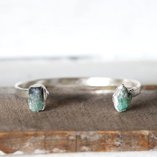 Raw Emerald Bracelet - May Birthstone - Open Copper Cuff - Raw Crystal Bracelet - Double Stone Bracelet