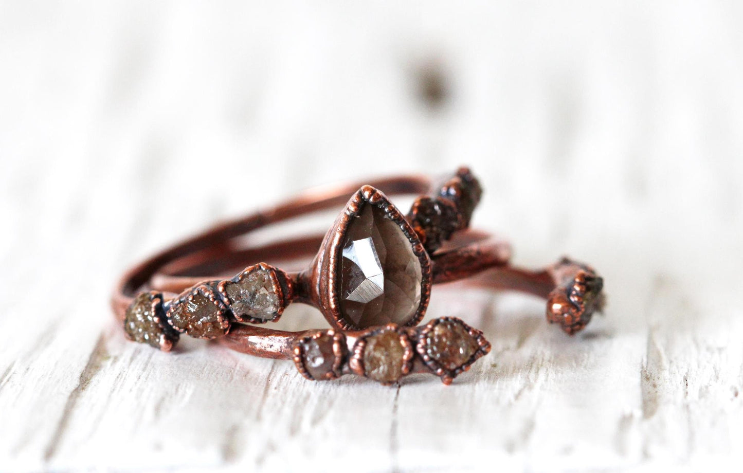 Raw Diamond Wedding Set - Engagement Set - Alternative Wedding Jewelry - Faceted Smoky Quartz Ring