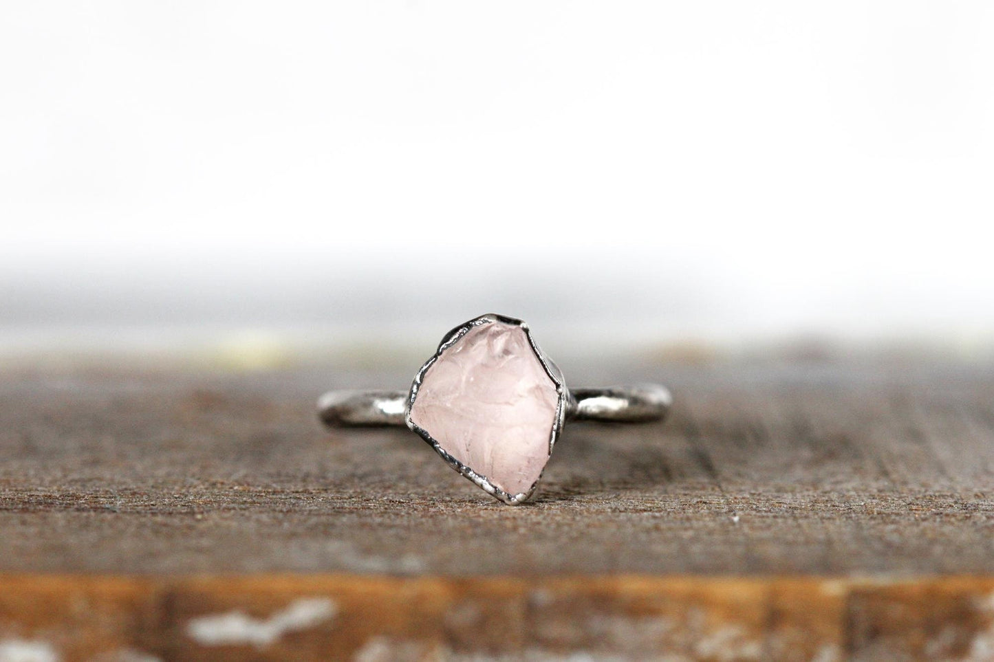 Rose Quartz Ring  - Raw Pink Crystal Ring - Electroformed Copper