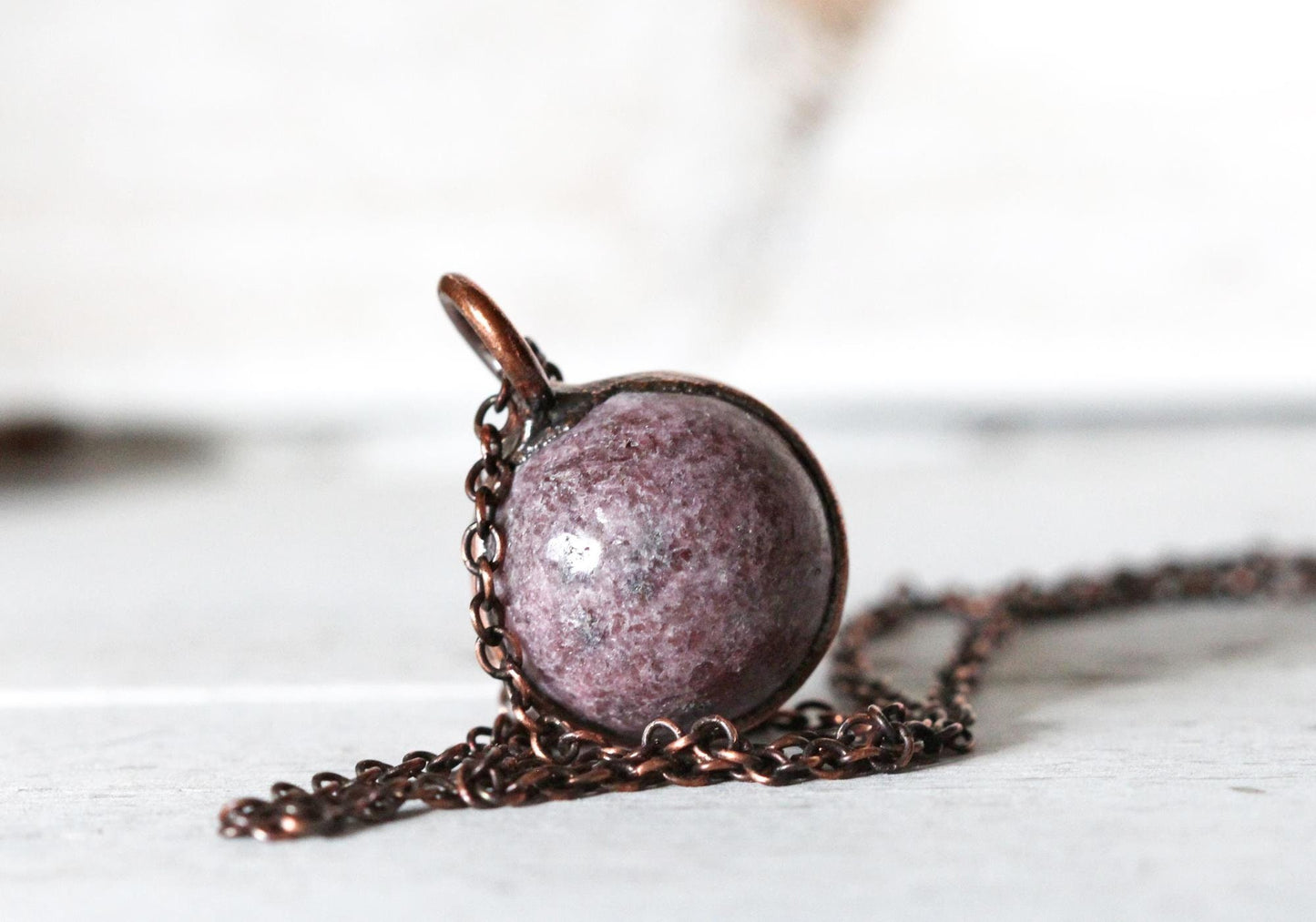 Lepidolite Necklace - Sphere Pendant - Electroformed Copper Jewelry