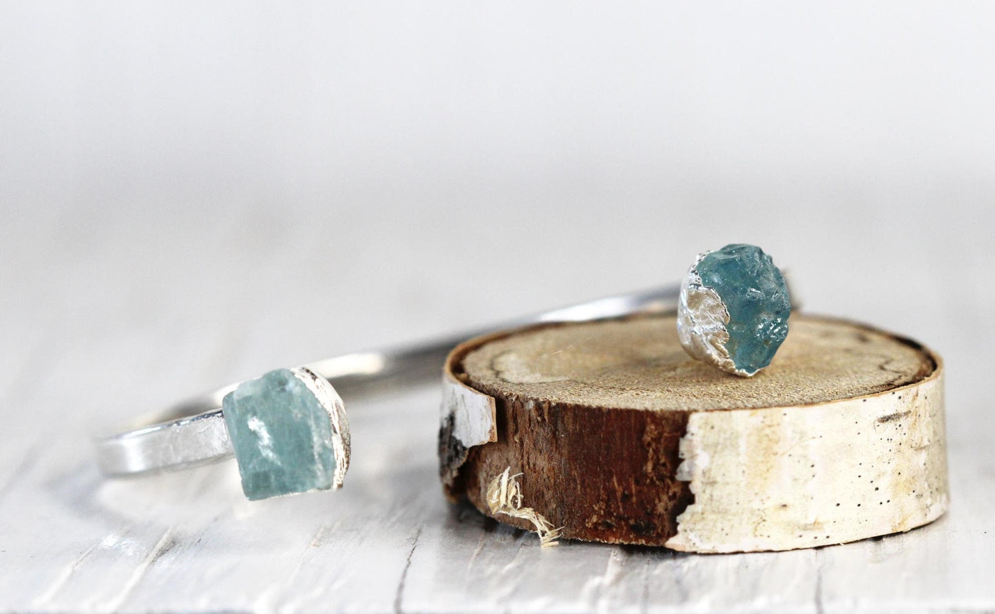 Raw Aquamarine Bracelet - March Birthstone - Open Copper Cuff - Raw Crystal Bracelet - Double Stone Bracelet
