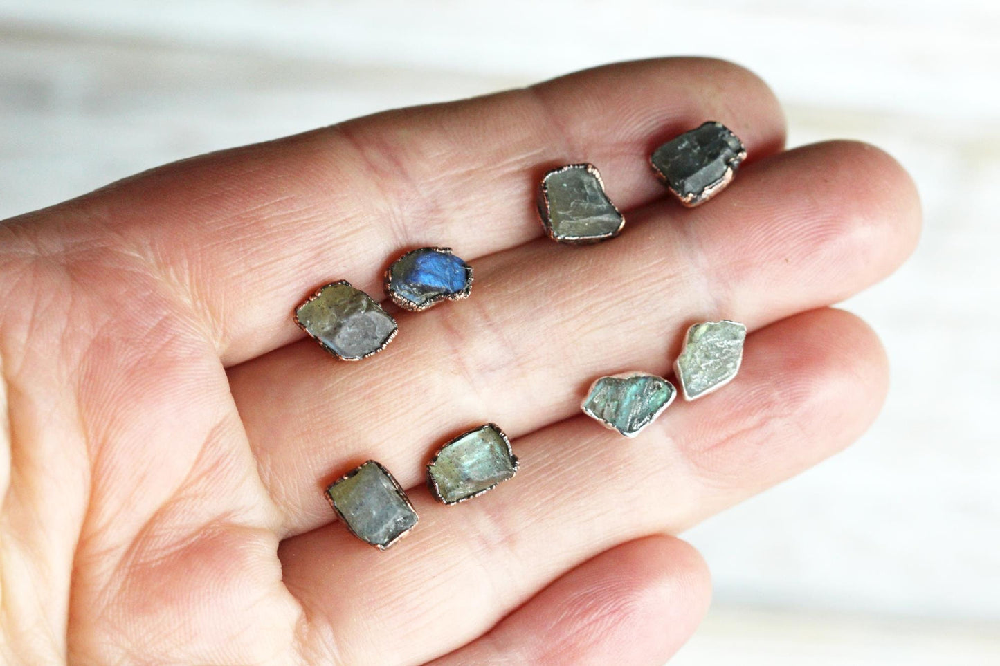 Raw Labradorite Studs - Labradorite Earrings - Raw Stone Copper Earrings