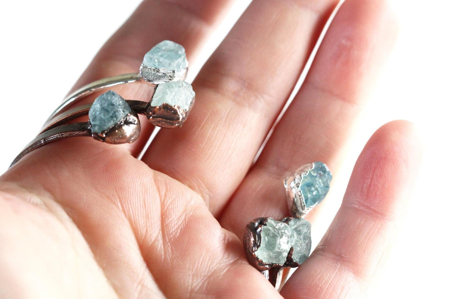 Raw Aquamarine Bracelet - March Birthstone - Open Copper Cuff - Raw Crystal Bracelet - Double Stone Bracelet