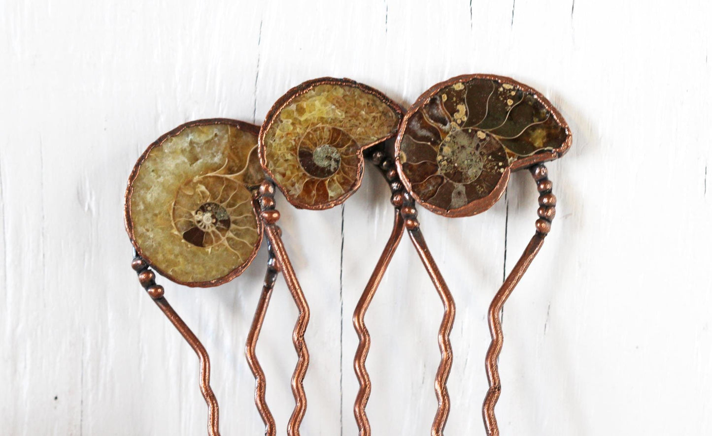 Ammonite Hair Fork - Copper Hair Jewelry - Fossilized Hair Accessory
