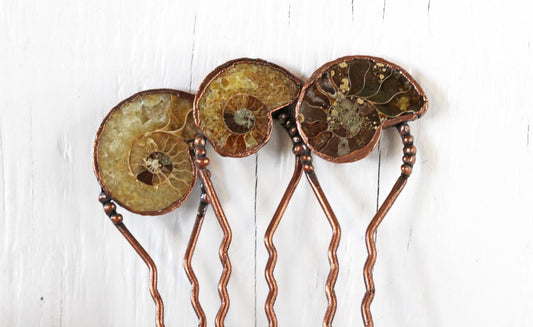 Ammonite Hair Fork - Copper Hair Jewelry - Fossilized Hair Accessory