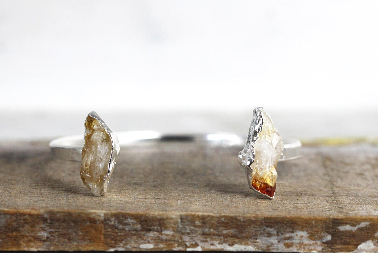 Citrine Bracelet - Open Copper Cuff - Raw Crystal Bracelet - Double Stone Bracelet