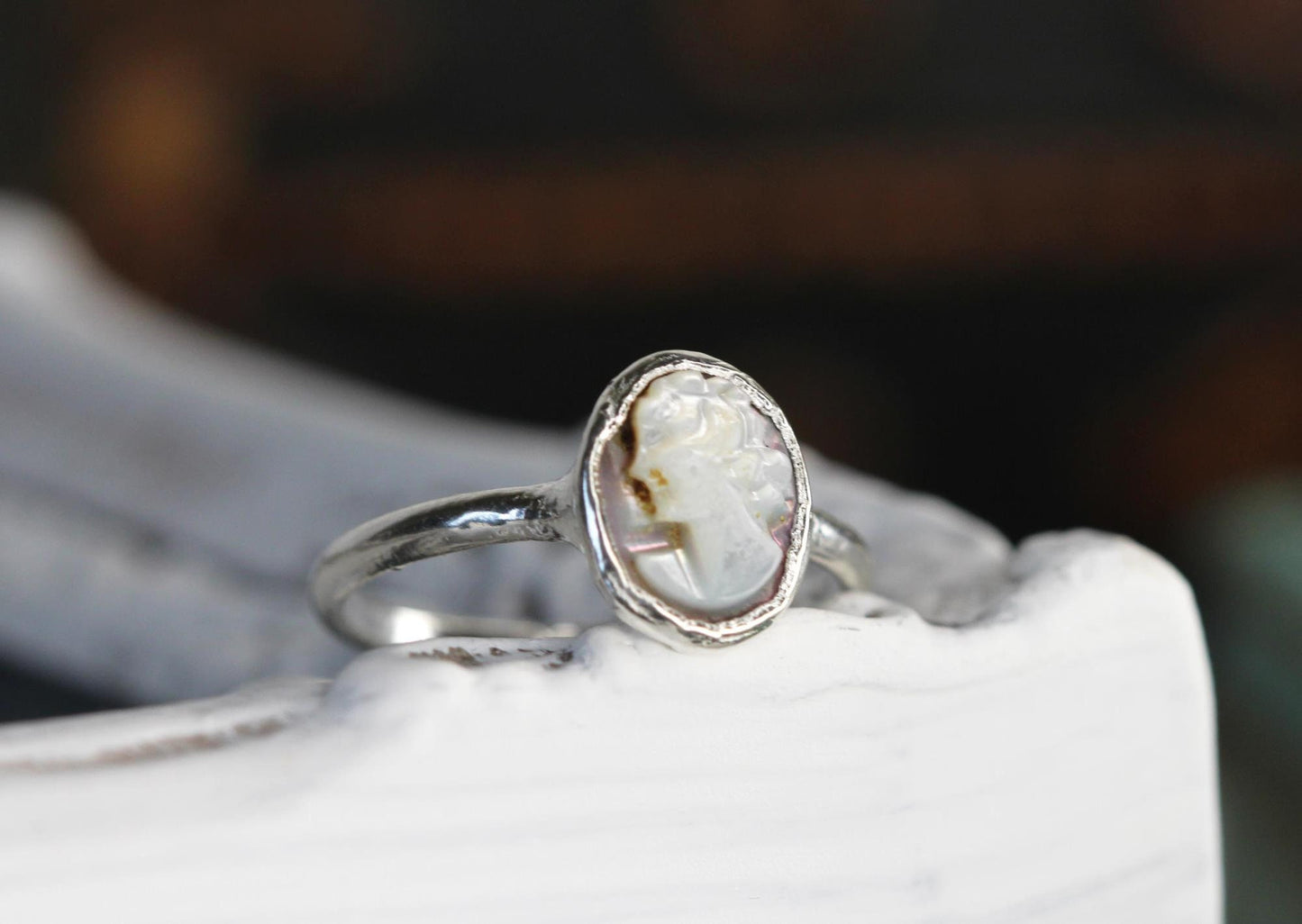 Cameo Ring - Tahitian Black Pearl Ring - Handcarved Ring - Antique Cameo Jewelry