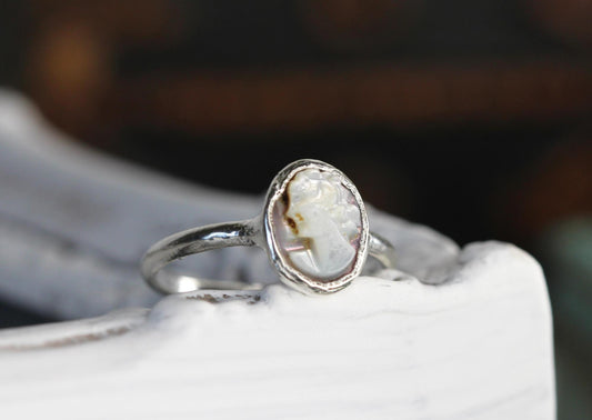 Cameo Ring - Tahitian Black Pearl Ring - Handcarved Ring - Antique Cameo Jewelry