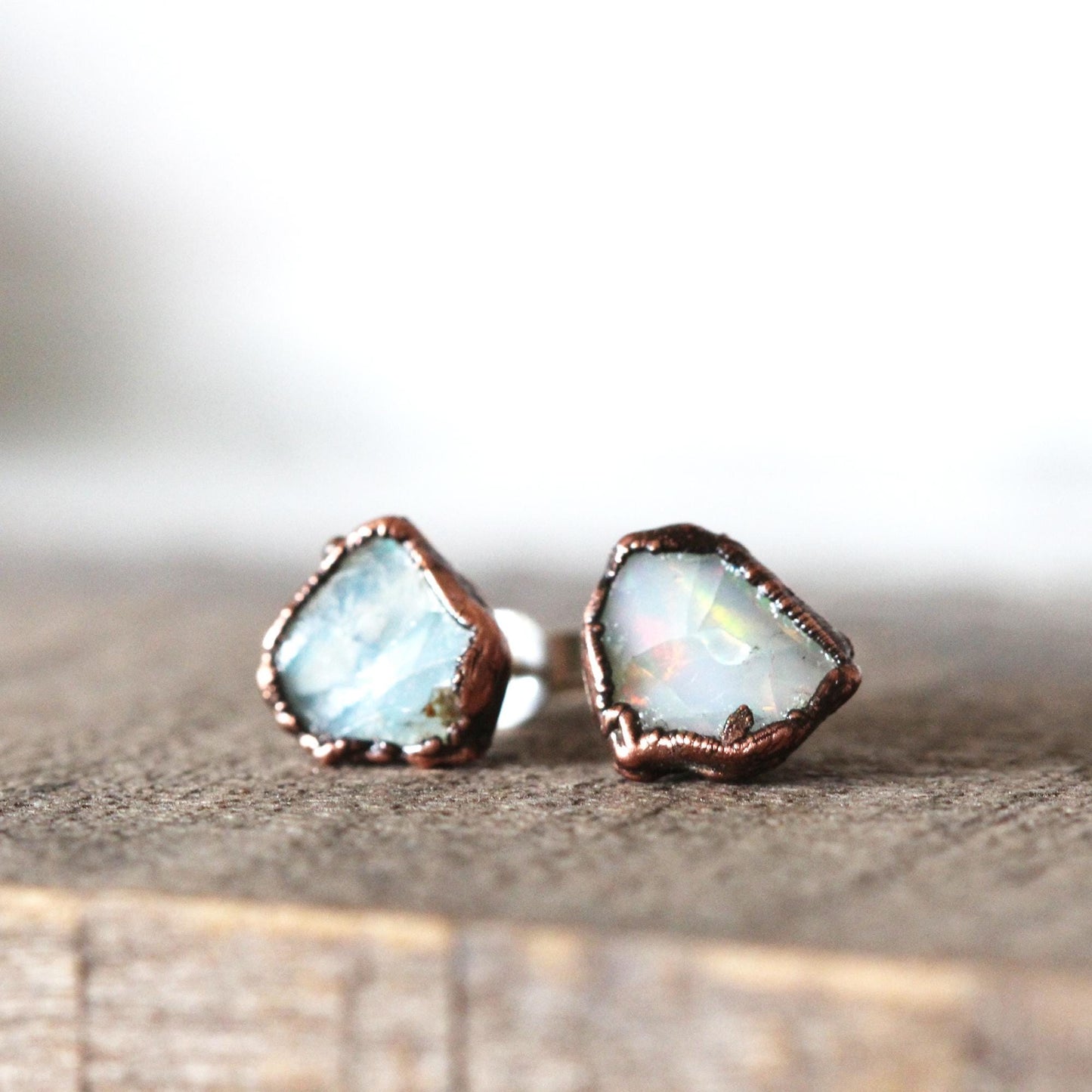 Opal Earrings - Raw Stone Studs - Rough Ethiopian Opal