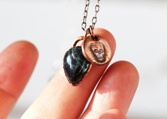 Spiderweb Obsidian Necklace - Charm Necklace - Skull Pendant - Electroformed Jewelry