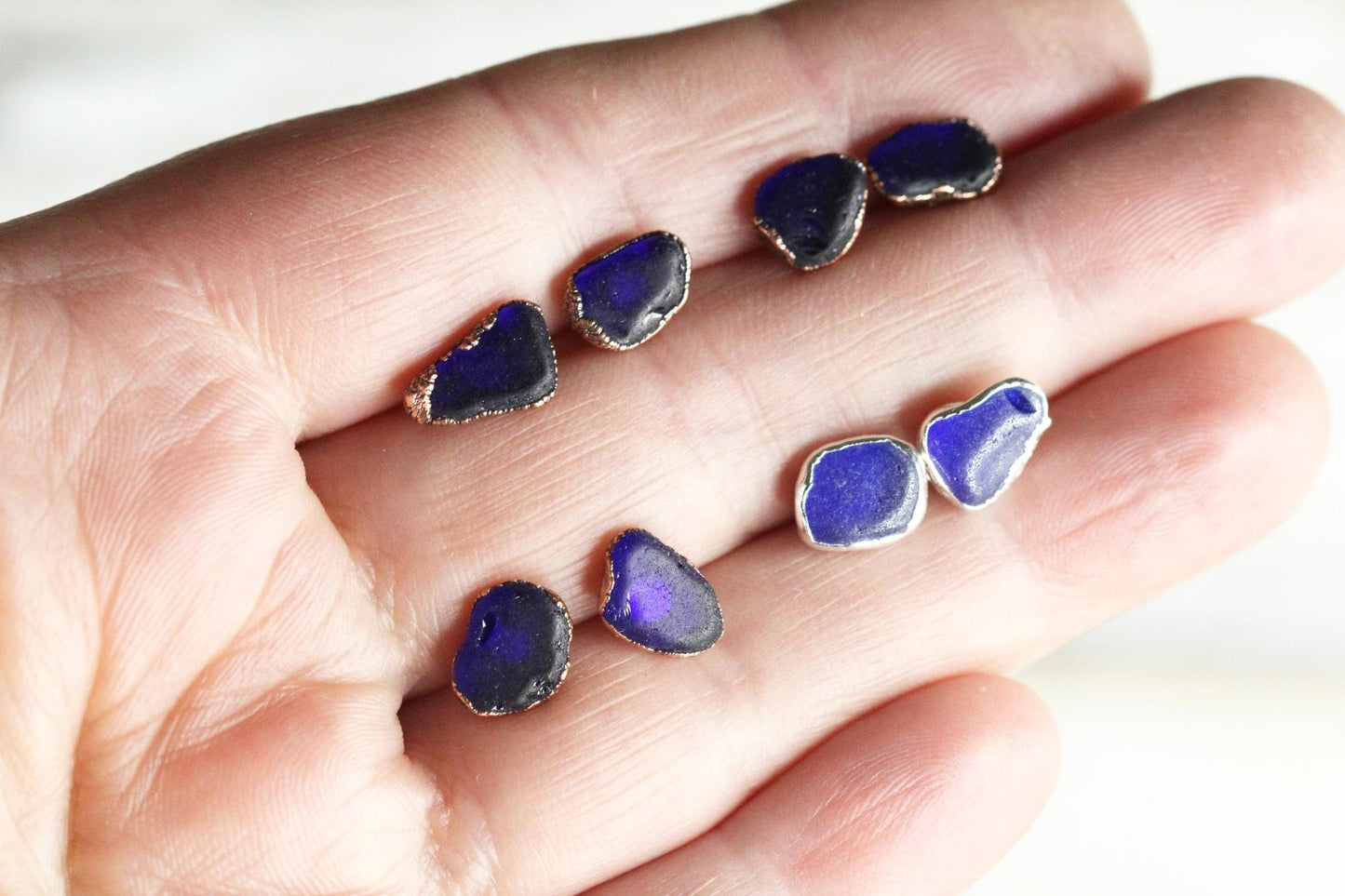 Sea Glass Earrings - Post Earrings - Sapphire Blue Beach Glass - Sterling Silver Stud Earrings