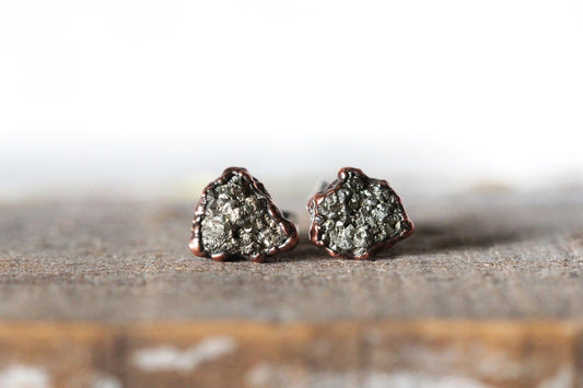 Pyrite Stud Earrings - Raw Stone Posts - Sterling Silver Earrings - Electroformed Fools Gold