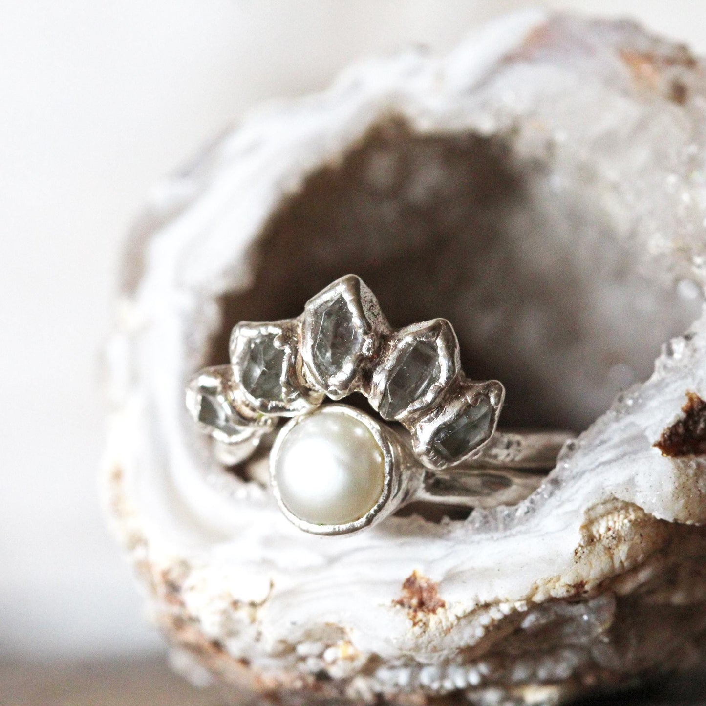 Wedding Ring Set - Pearl Wedding Set - Herkimer Engagement Ring