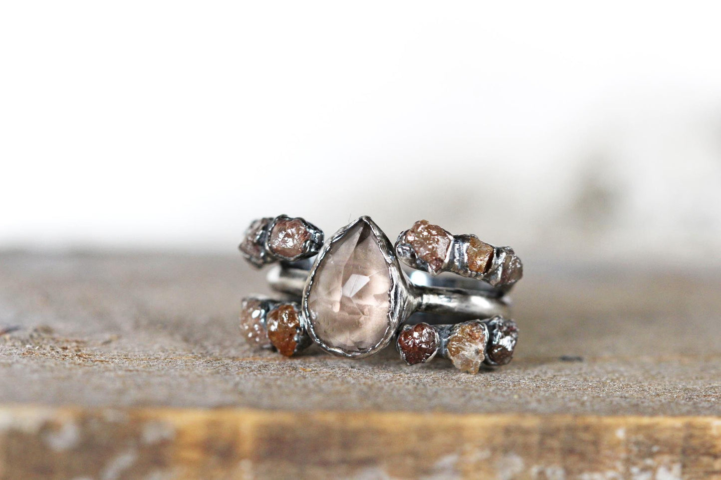 Raw Diamond Wedding Set - Engagement Set - Alternative Wedding Jewelry - Faceted Smoky Quartz Ring