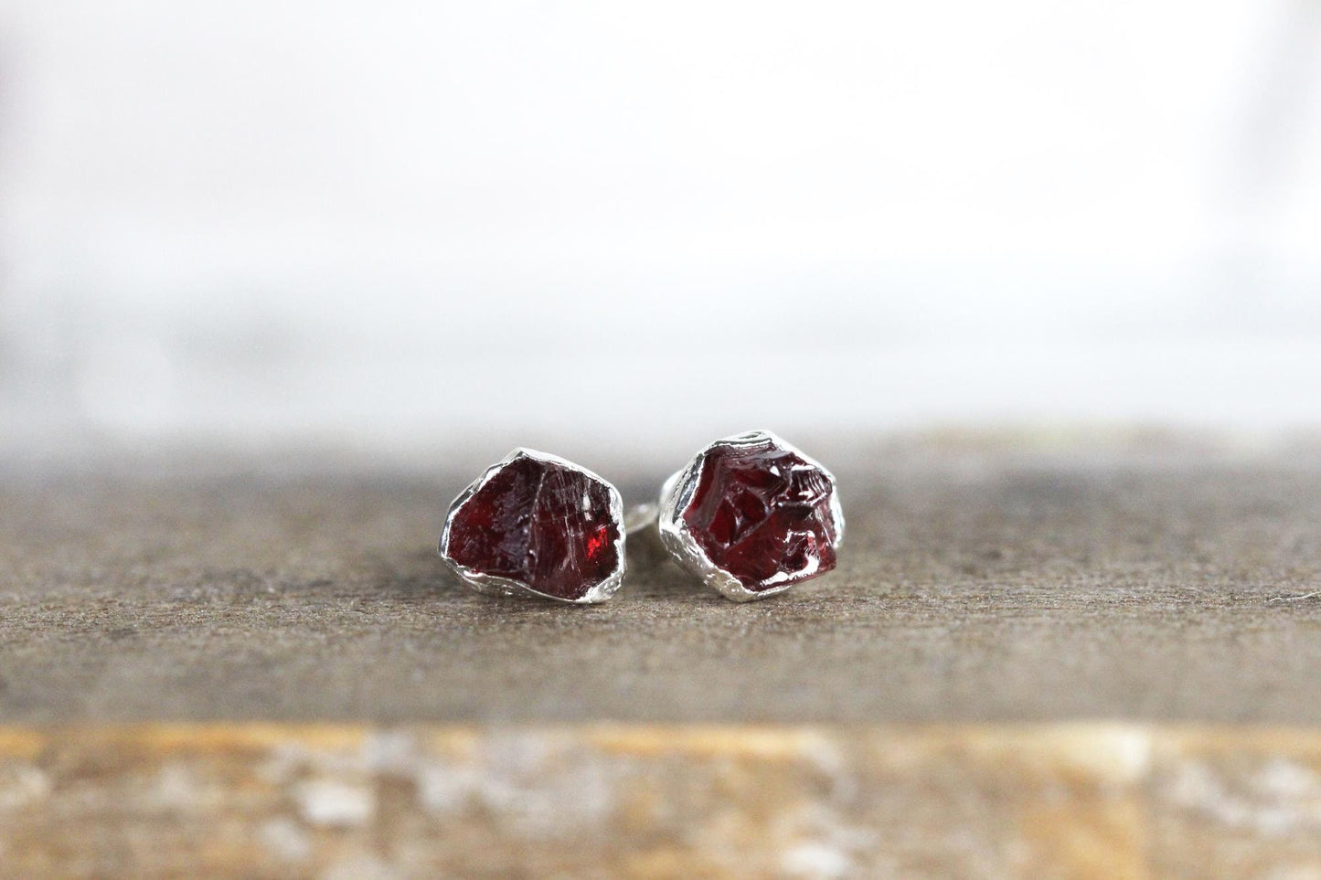 Raw Garnet Earrings - Raw Stone Studs - January Birthstone Jewelry - Crystal Post Earrings