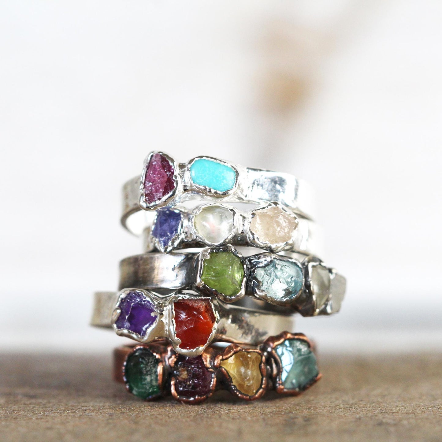 Raw Birthstone Ring - Personalized Gift for Mom - Multi Stone Crystal Ring - Mother's Day Ring