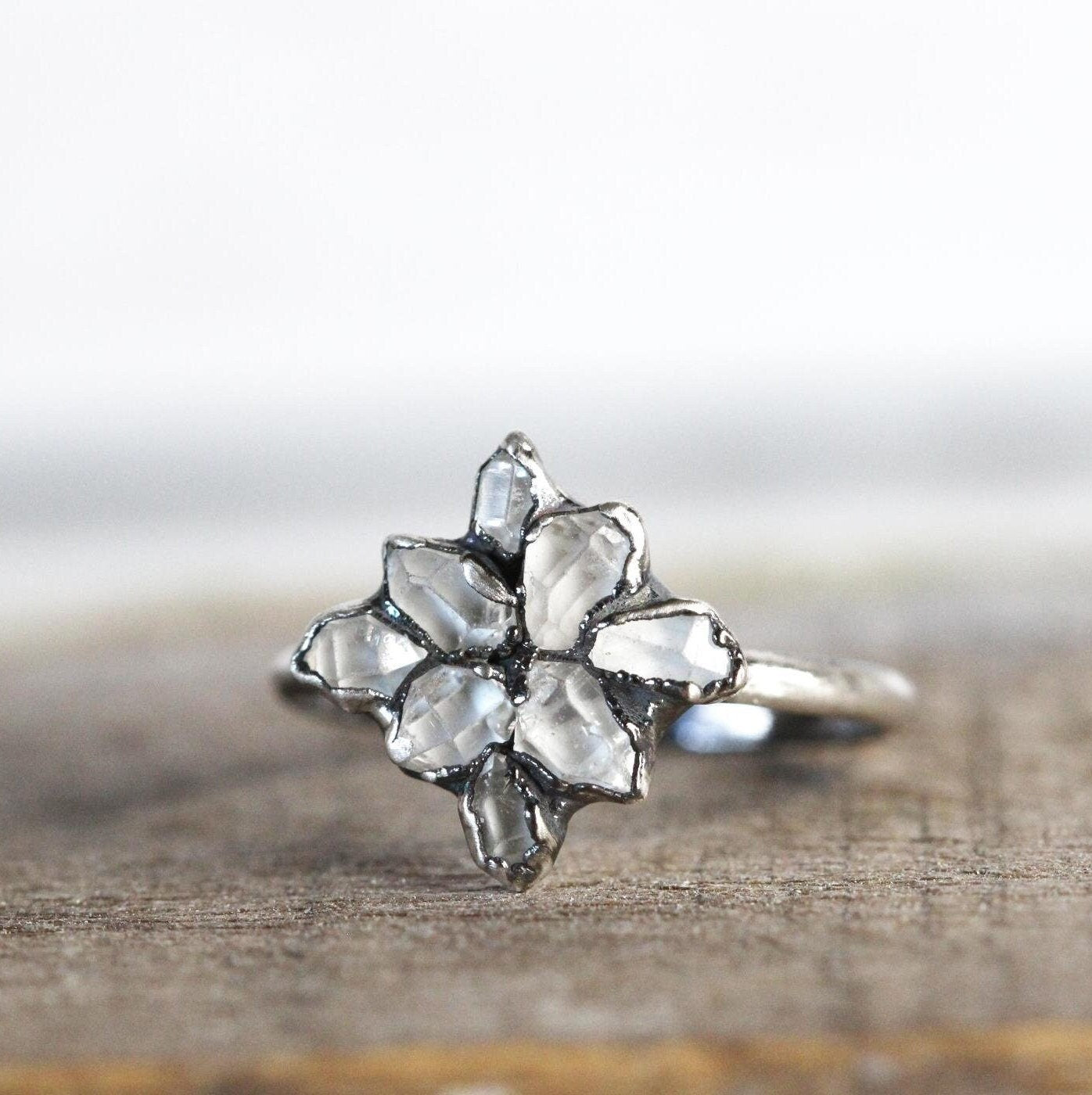 Herkimer Diamond Cluster Ring - Gift for Her - April Birthstone