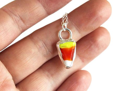 Candy Corn Necklace - Halloween Jewelry - Sterling Silver Pendant
