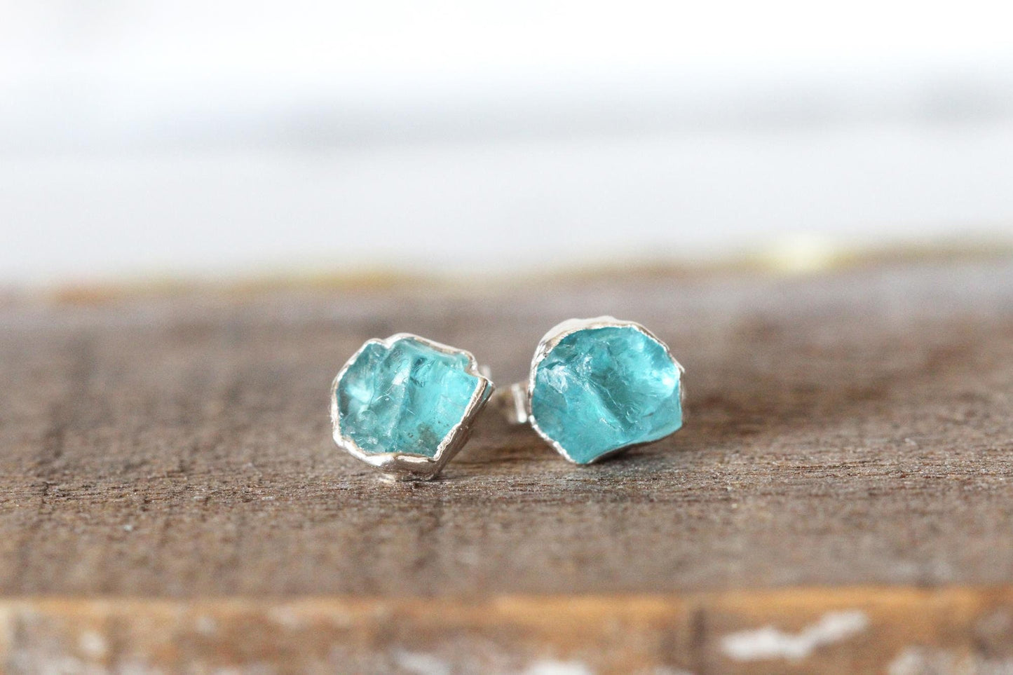 Blue Apatite Earrings - Raw Crystal Earrings - Stone Post Earrings - Sterling Silver Studs