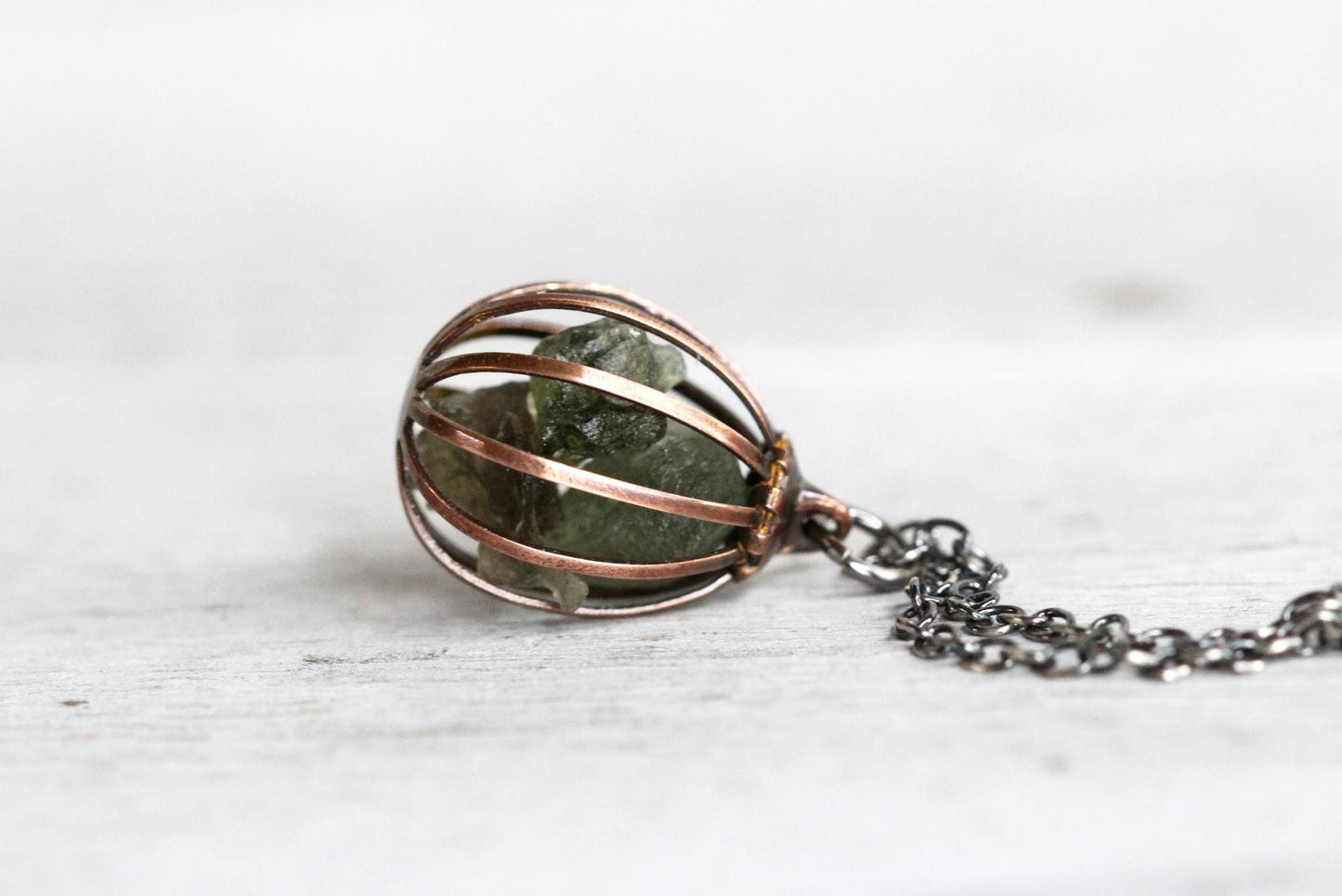 Moldavite Pendant - Vintage Cage Necklace - Mixed Metal Jewelry