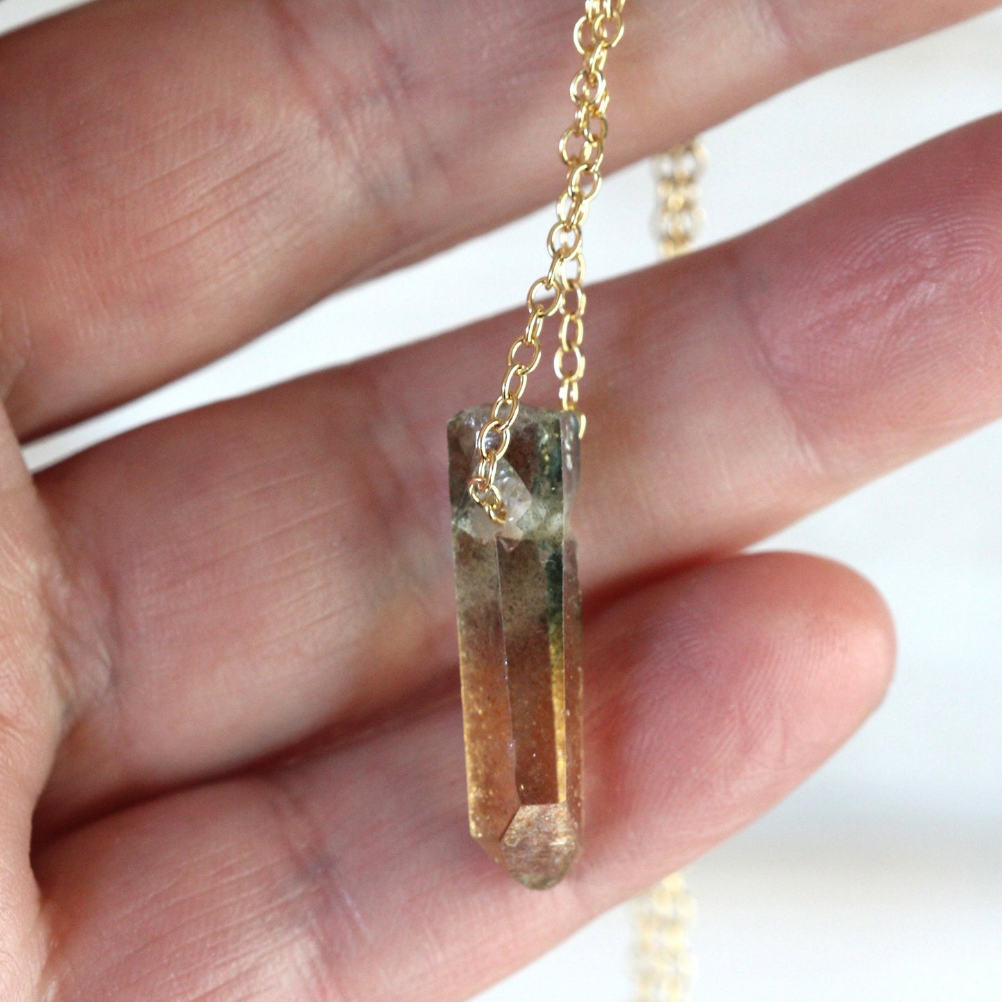 Aura Crystal Pendant - Gold Filled Chain - Hybrid Quartz Crystal - Green Aura - Yellow Aura Necklace