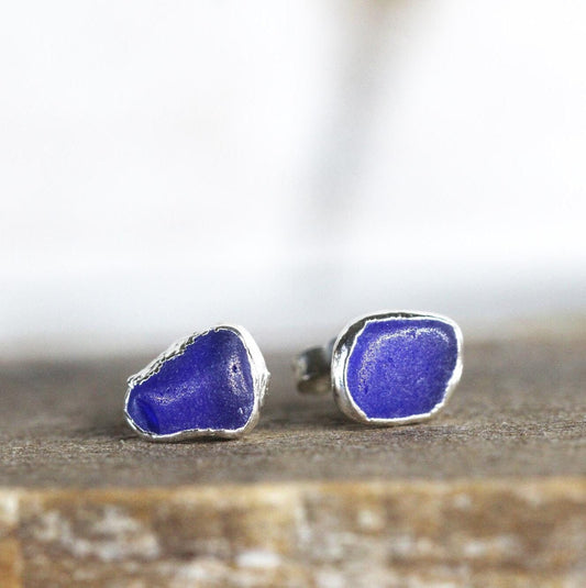 Sea Glass Earrings - Post Earrings - Sapphire Blue Beach Glass - Sterling Silver Stud Earrings