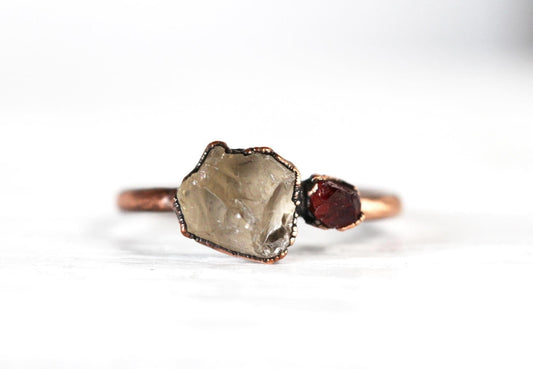 Raw Smoky Quartz Ring - Double Stone - Raw Garnet - Pure Silver Jewelry