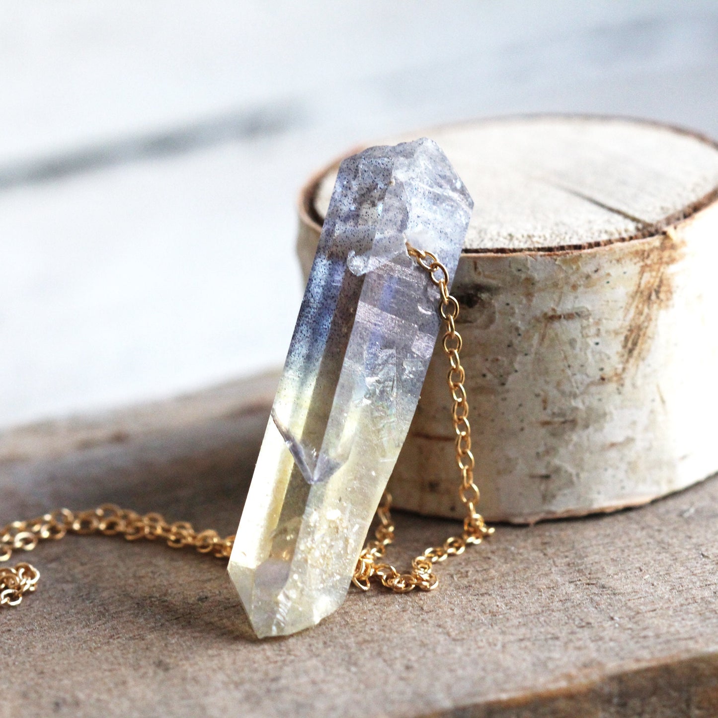 Aura Crystal Pendant - Sterling Silver Chain - Hybrid Quartz Necklace - Yellow Aura - Blue Aura Necklace