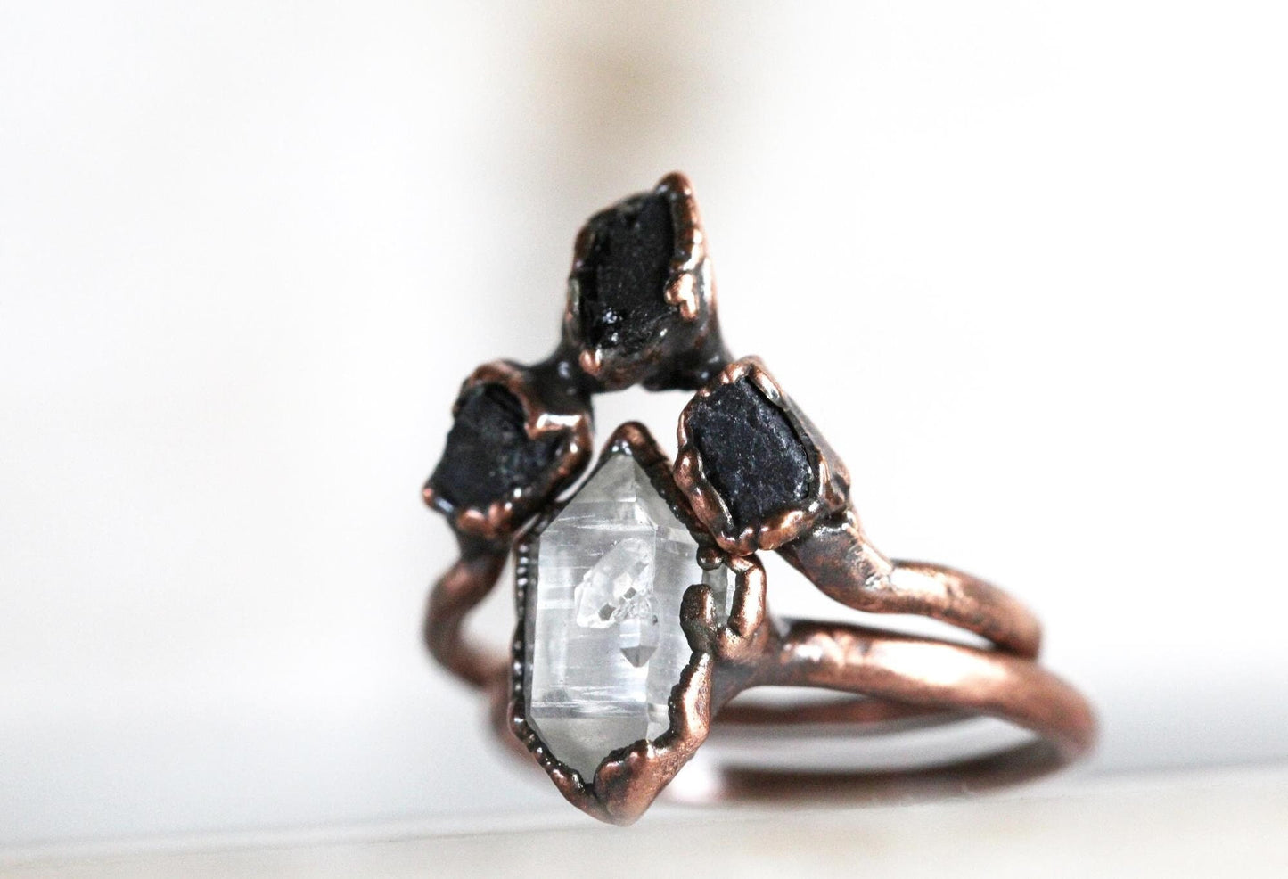 Black Tourmaline Ring Set - Chevron Wedding Set - Raw Stone Engagement Ring