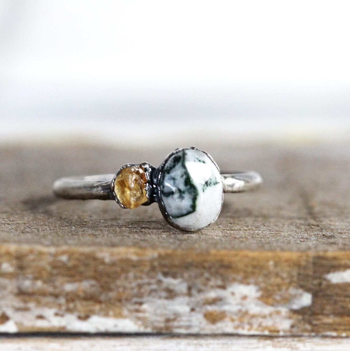 Moss Agate Ring - Double Stone - Raw Citrine