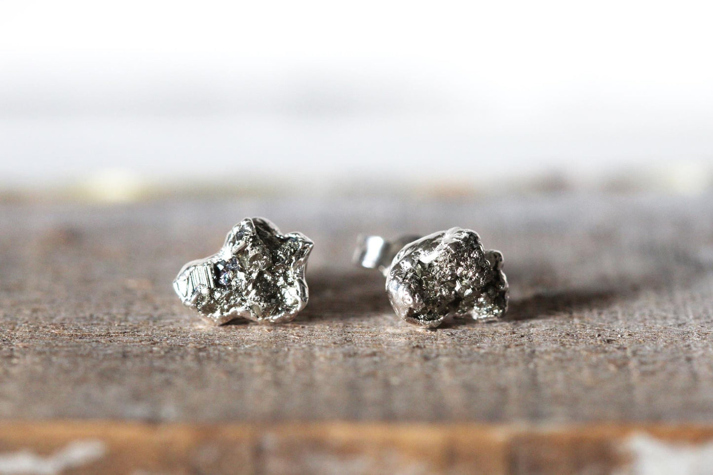 Pyrite Stud Earrings - Raw Stone Posts - Sterling Silver Earrings - Electroformed Fools Gold