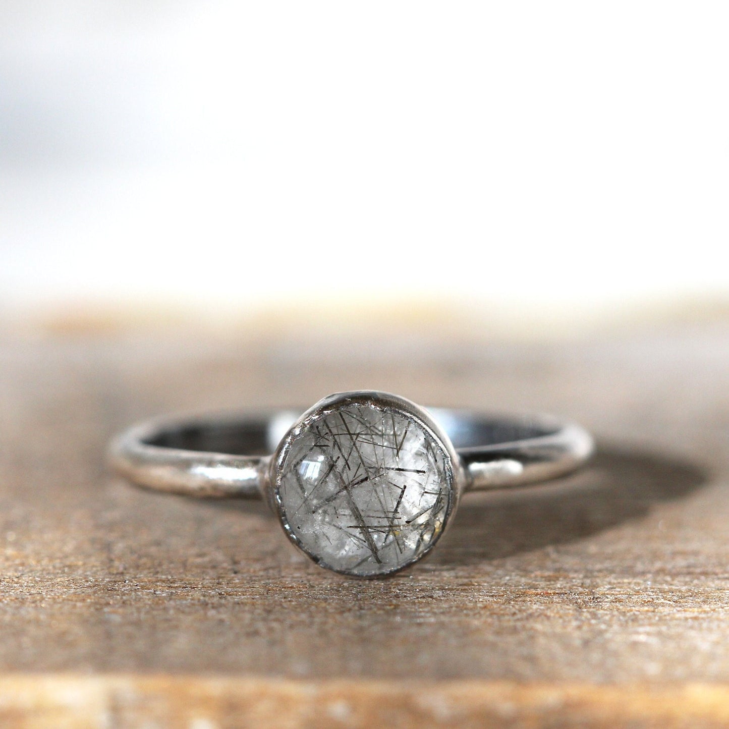 Rutilated Quartz Ring - Black Rutile Ring - Round Polished Stone