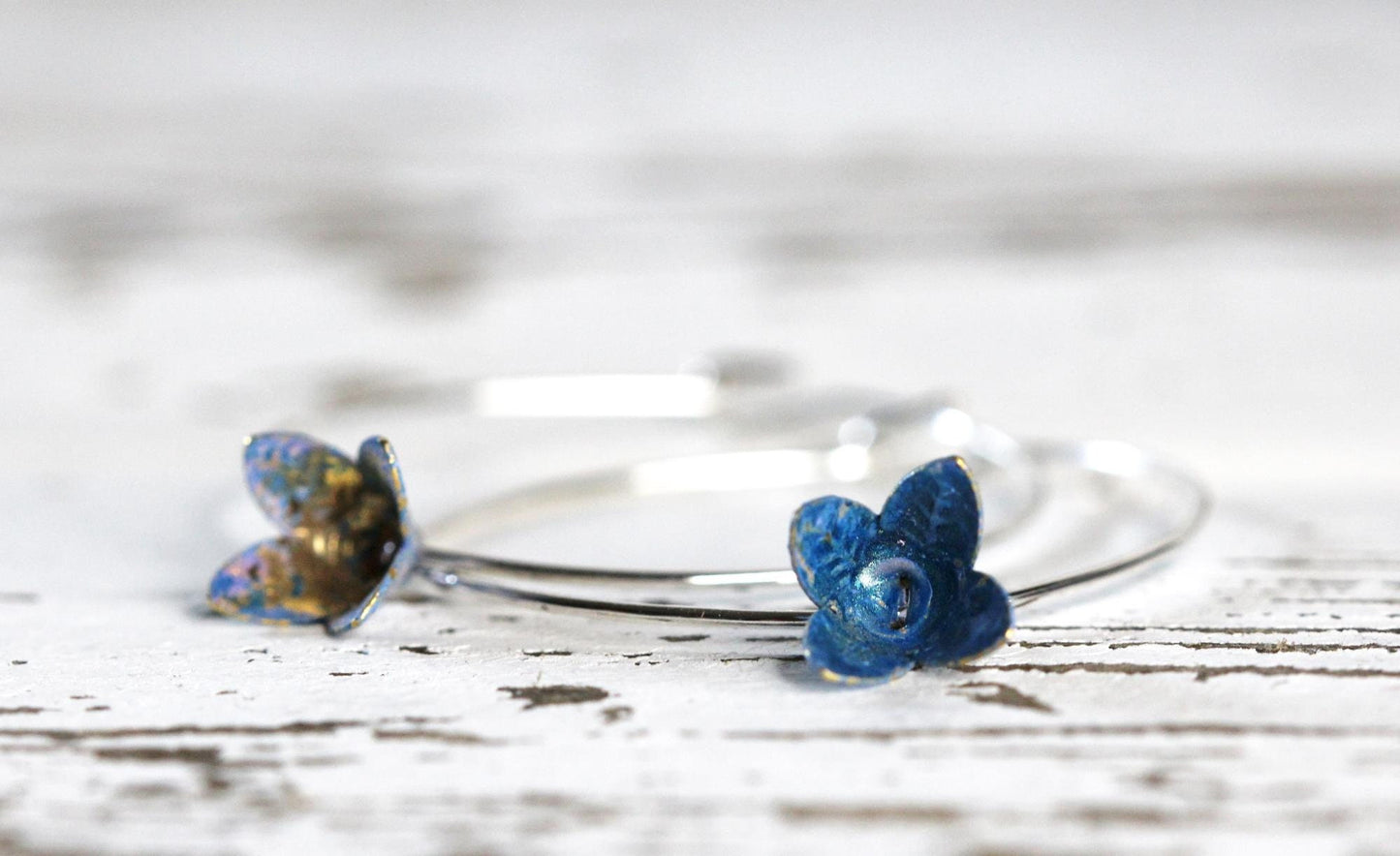 Lavender Flower Earrings - Simple Hoop Earrings - Vintage Metal - Sterling Silver Earrings - Gold Filled Hoops