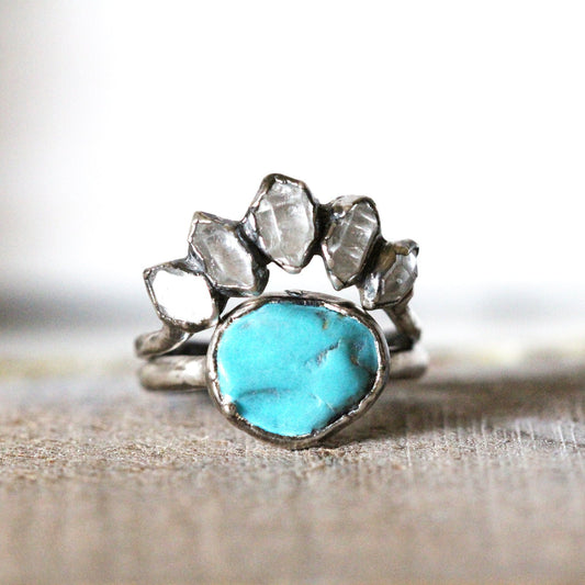 Wedding Ring Set - Turquoise Wedding Set - Herkimer Engagement Ring