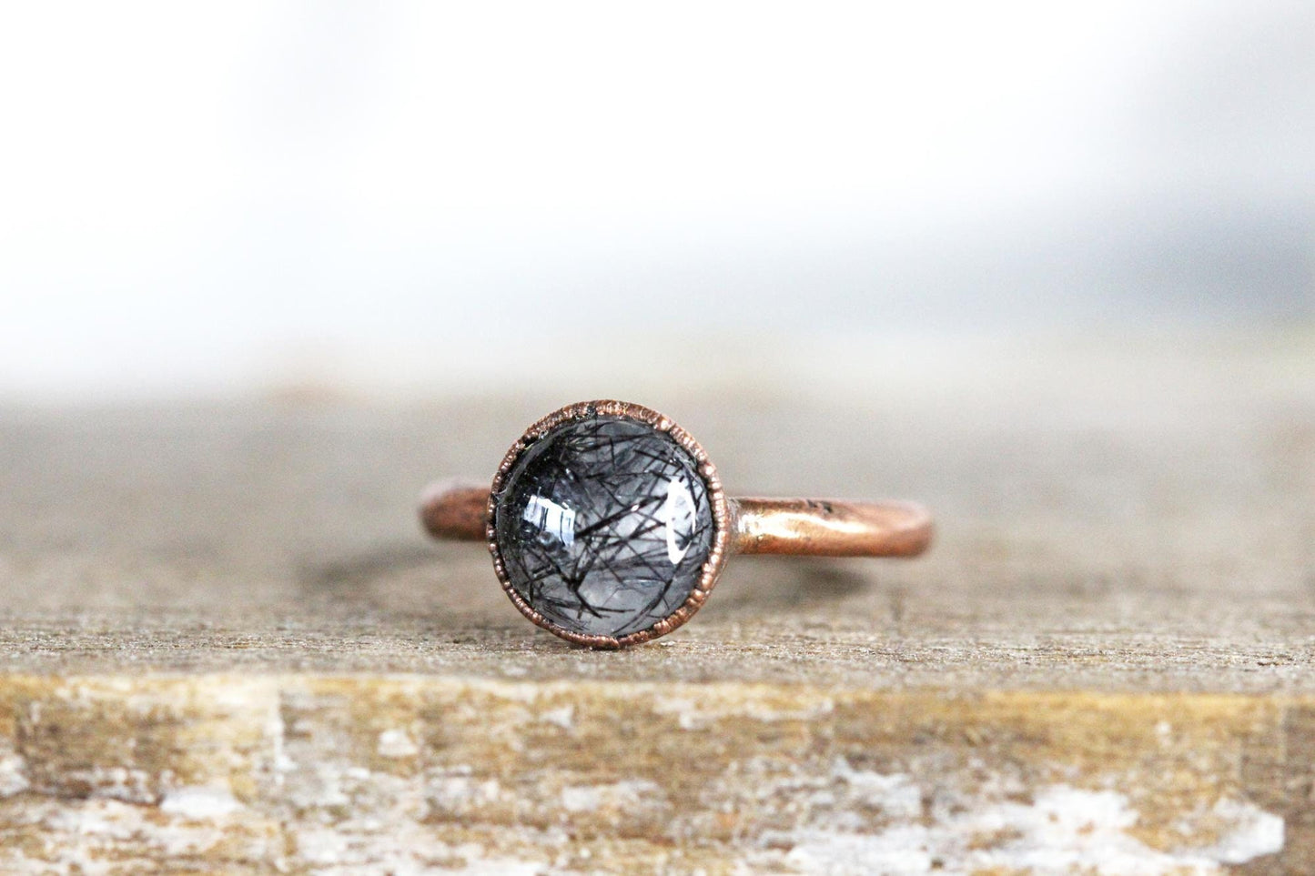 Rutilated Quartz Ring - Black Rutile Ring - Round Polished Stone