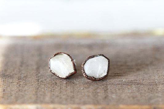Raw Moonstone Studs - Small Stone Earrings - June Birthstone Gift
