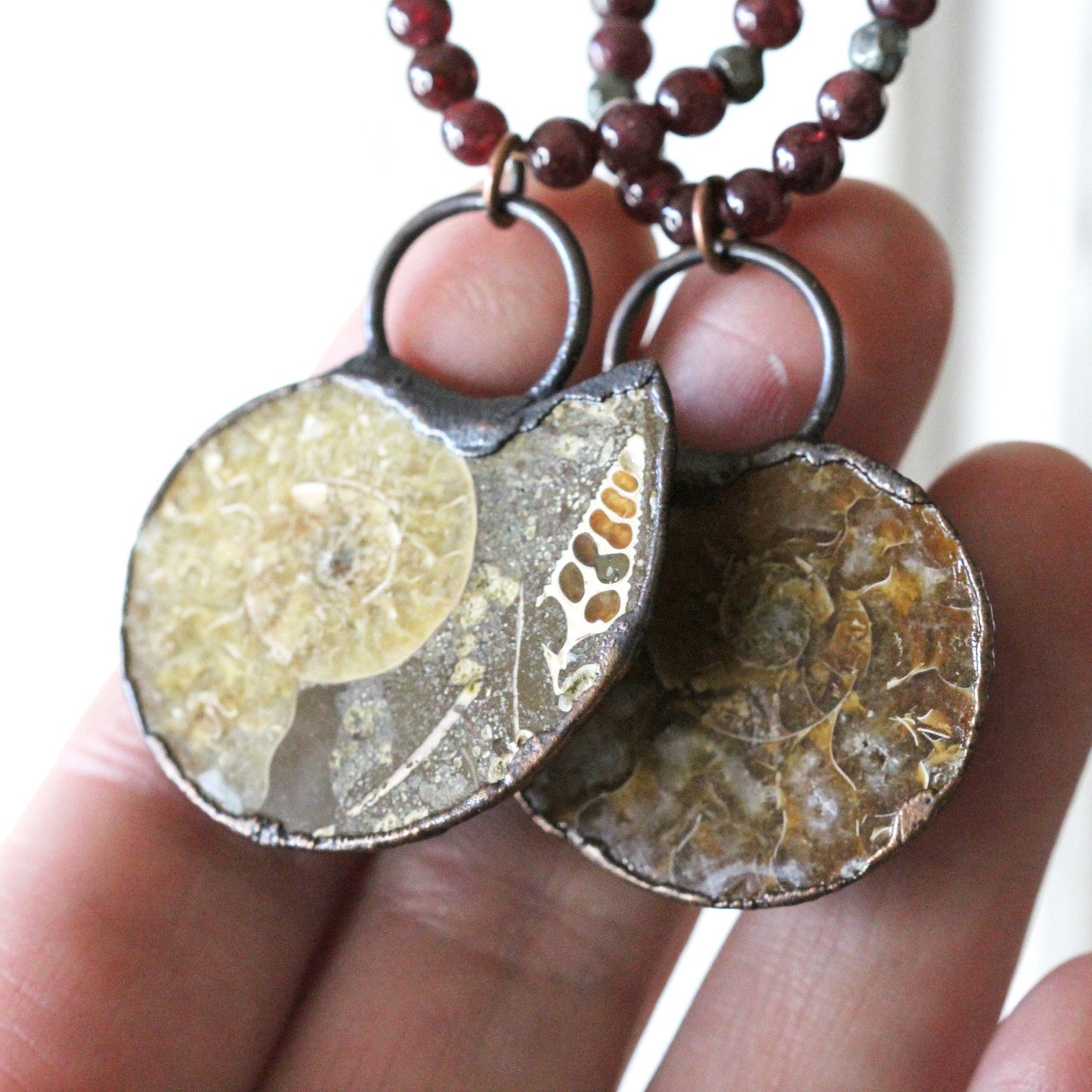 Ammonite Necklace - Fossil Jewelry - Garnet Jewelry - Large Stone Pendant - Unisex Necklace - Beaded Necklace