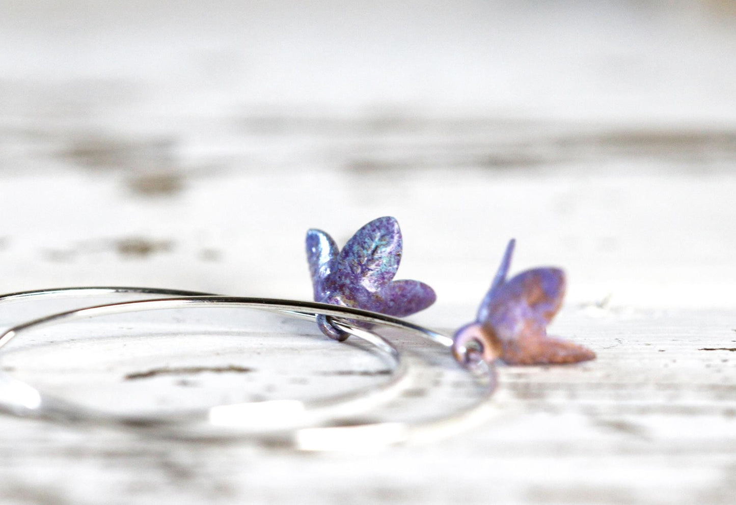 Lavender Flower Earrings - Simple Hoop Earrings - Vintage Metal - Sterling Silver Earrings - Gold Filled Hoops